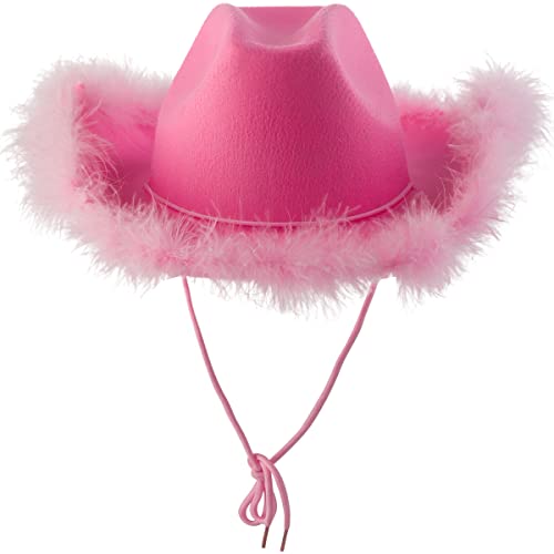 Bedwina Pink Cowgirl Hat with Feather Boa - Fluffy Feather Brim Adult Size Cowboy Hat with Feathers for Bachelorette, Costume Party, Play Dress-Up Fits Most Women and Girls