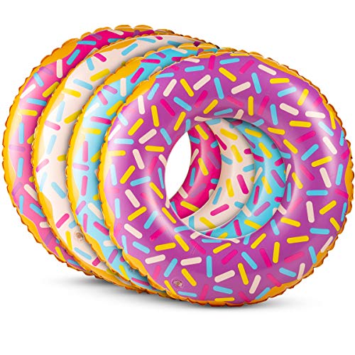 Inflatable Donuts (Pack of 4) 24 Inch Sprinkle Donut Inflatables, in Assorted Neon Colors, for Summer, Pool ,Beach Party Decorations, Floating Ring for Younger Kids and Toddlers