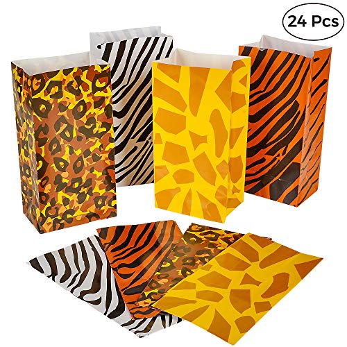 Party Favor Bags - (Pack of 24) Animal Print Safari, Zoo or Jungle Theme Goodie Bags in Bulk, Paper Lunch, Candy & Gift Bags by Bedwina
