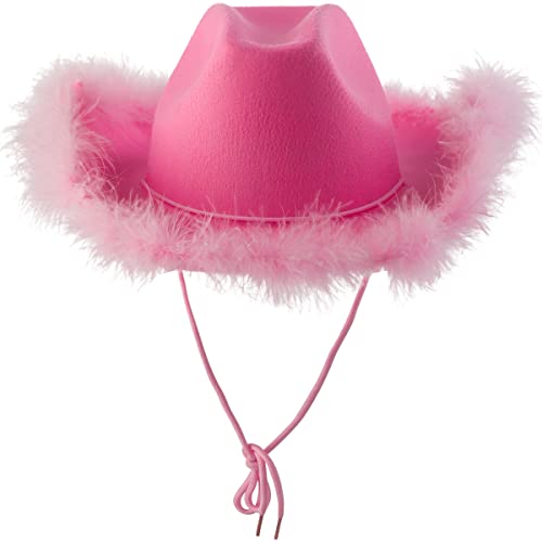 Pink Cowgirl Hat w/Feather Boa - Cowboy Hat for Women, Teenage Girls w/Fluffy Feather Brim for Bachelorette