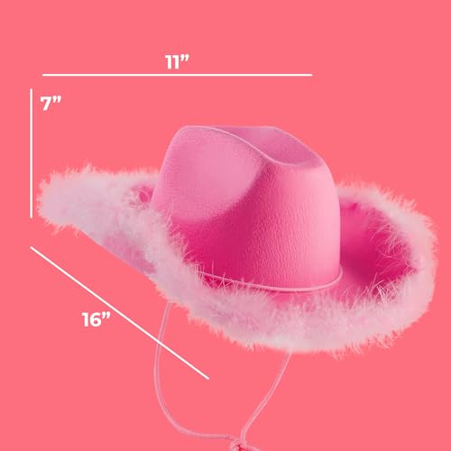 Pink Cowgirl Hat w/Feather Boa - Cowboy Hat for Women, Teenage Girls w/Fluffy Feather Brim for Bachelorette