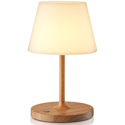Cordless LED Table Lamp - 5000mAh Rechargeable Battery Powered, Touch Dimmable, 3 Color Temperatures, IP44 Waterproof Lamp Light for Home Indoor/Outdoor Use - 9.6 Inch, Modern Wood Design