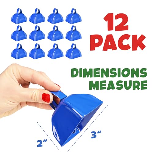 Metal Cowbells - 3 Inch Cow Bells Noise Makers, Loud Call Bell with Handles for Sporting Events, Cheering, Team Spirit, Noisemakers, Weddings, (Pack of 12)