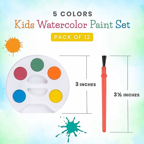 Mini Watercolor Kids Paint Set - 5 Watercolor Paints, Palette Tray and Painting Brush, for Art Party Favors, Kids Prizes, Stocking Stuffers and Paint Party Supplies