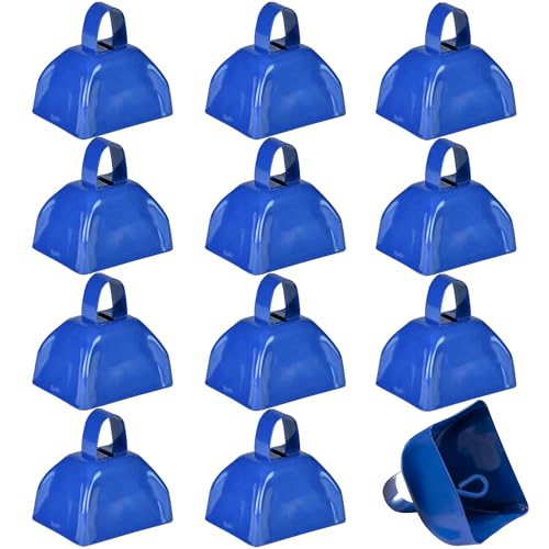 Metal Cowbells - 3 Inch Cow Bells Noise Makers, Loud Call Bell with Handles for Sporting Events, Cheering, Team Spirit, Noisemakers, Weddings, (Pack of 12)