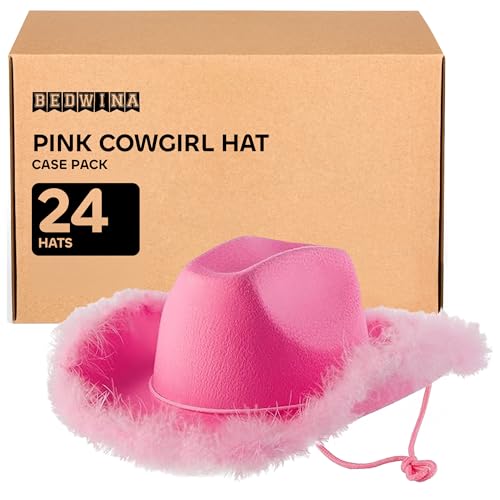 Pink Cowgirl Hat w/Feather Boa - Cowboy Hat for Women, Teenage Girls w/Fluffy Feather Brim for Bachelorette