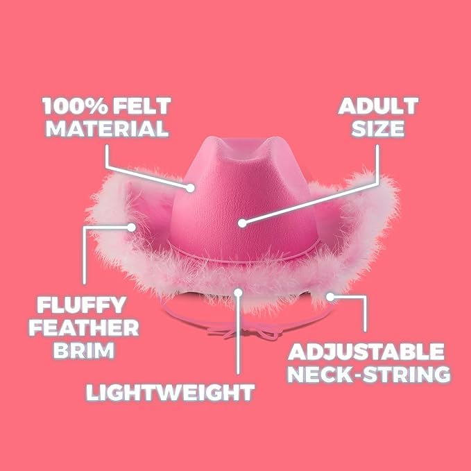 Pink Cowgirl Hat w/Feather Boa - Cowboy Hat for Women, Teenage Girls w/Fluffy Feather Brim for Bachelorette