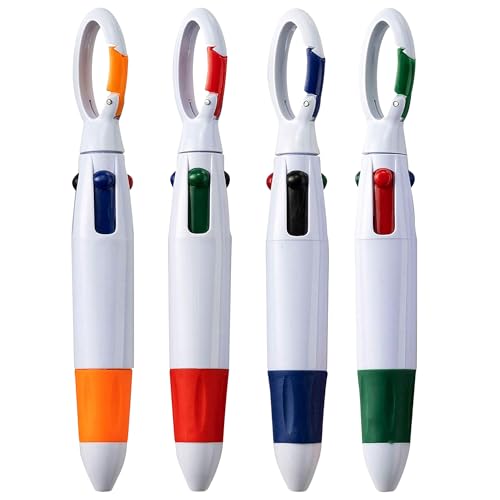 Retractable Shuttle Pens with Carabiner Clip - Pack of Bulk Mini 4-in-1 Multi-Colored Ink Ballpoint Pens with Keychain for Adults, Kids, Nurses, School, Stocking Stuffer Gifts, Party Favors