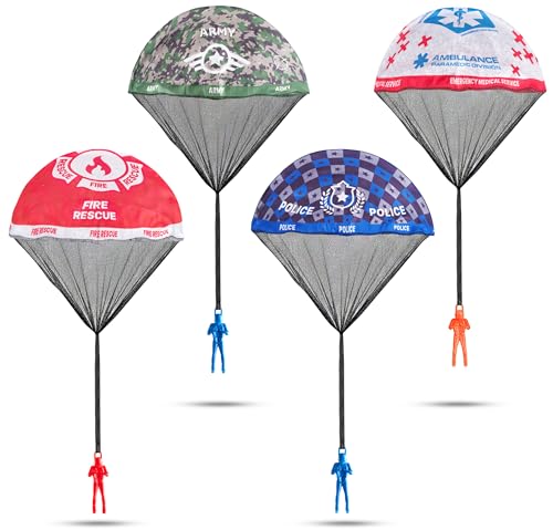 Parachute Men Toys for Kids - (Pack of 4) Police, Army, Firefighter & EMT Figures w/ Tangle-Free Parachutes - Outdoor Flying Toys for Kids, Party Favors, Birthday Gifts for Boys & Girls Ages 3+