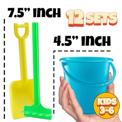 Mini 4.5-Inch Beach Buckets for Kids - Sand Buckets and Shovels w/Rakes & Mesh Bags - Small Beach Pails - Sturdy Unbreakable Plastic - Beach Party Favors & Giveaways for Toddlers Ages 3-6