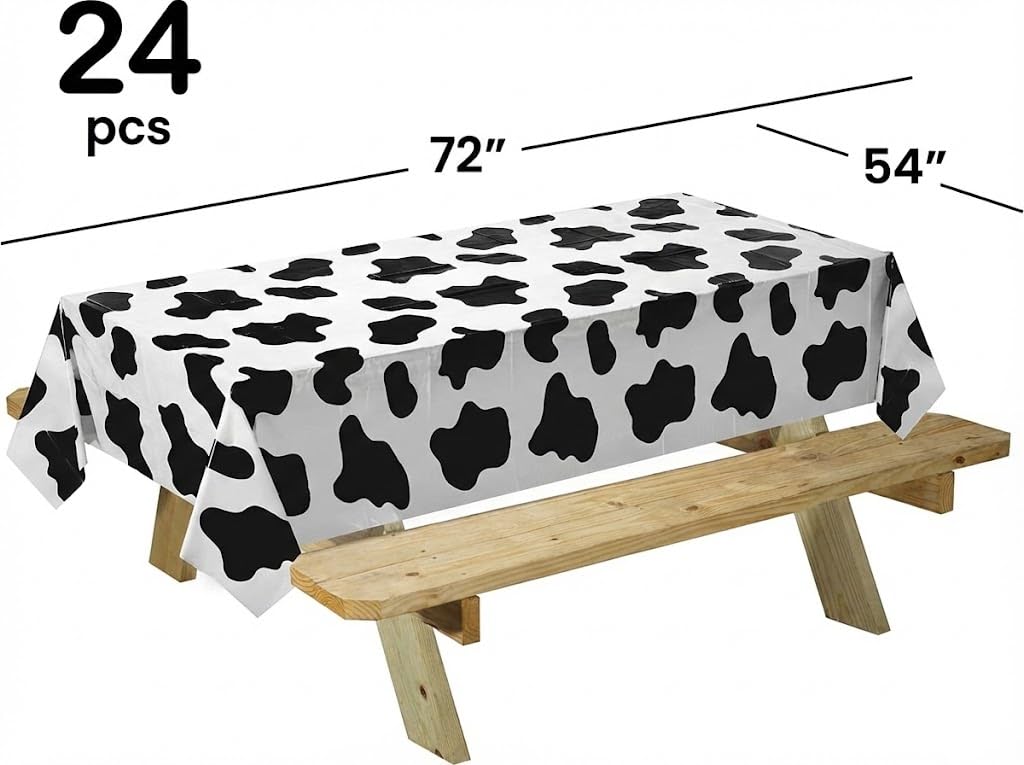 Bedwina Cow Print Tablecloth (Pack of 24) 54 x 72 Inch Tablecloths for Farm Animal Themed Parties, Birthday Party Supplies and Picnic Table Covers, (Black and White)