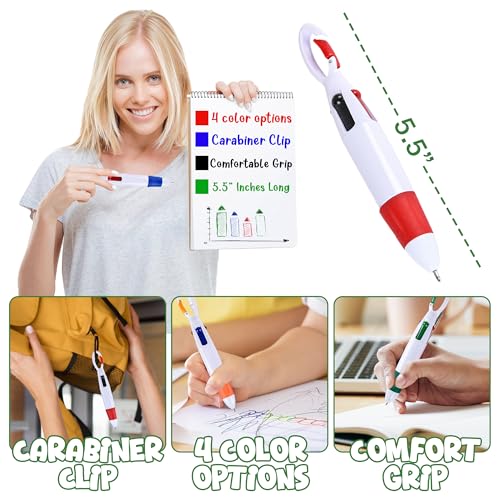 Retractable Shuttle Pens with Carabiner Clip - Pack of Bulk Mini 4-in-1 Multi-Colored Ink Ballpoint Pens with Keychain for Adults, Kids, Nurses, School, Stocking Stuffer Gifts, Party Favors