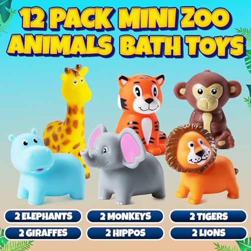 Mini Zoo Animals Bath Toys - Vinyl Rubber Jungle Safari Animal Figures, Squeezable Bath Tub Toys for Kids, Baby Shower, Birthday Party Supplies, Favors, Cake Decor, Table Decorations