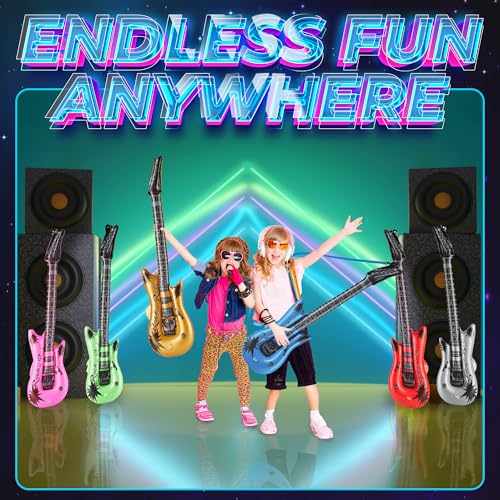 Bedwina Inflatable Guitars for Kids - 36-inch Neon Blow Up Guitar Instruments, Party Favors, Giveaways, DJ-Props, Photo-Booth, Birthdays, Rock Star, Rock and Roll Party Decorations