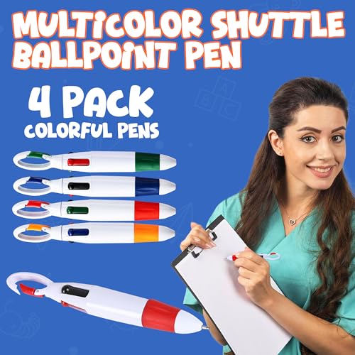Retractable Shuttle Pens with Carabiner Clip - Pack of Bulk Mini 4-in-1 Multi-Colored Ink Ballpoint Pens with Keychain for Adults, Kids, Nurses, School, Stocking Stuffer Gifts, Party Favors