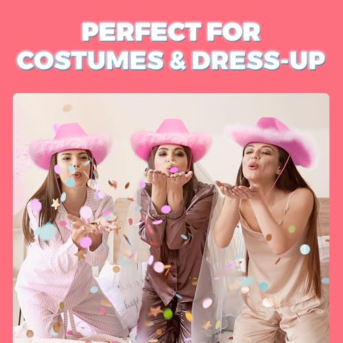 Pink Cowgirl Hat w/Feather Boa - Cowboy Hat for Women, Teenage Girls w/Fluffy Feather Brim for Bachelorette