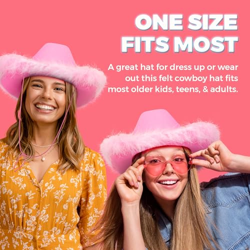 Pink Cowgirl Hat w/Feather Boa - Cowboy Hat for Women, Teenage Girls w/Fluffy Feather Brim for Bachelorette