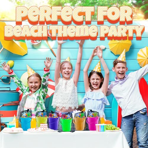 Mini 4.5-Inch Beach Buckets for Kids - Sand Buckets and Shovels w/Rakes & Mesh Bags - Small Beach Pails - Sturdy Unbreakable Plastic - Beach Party Favors & Giveaways for Toddlers Ages 3-6