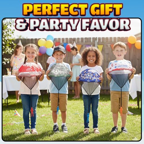 Parachute Men Toys for Kids - (Pack of 4) Police, Army, Firefighter & EMT Figures w/ Tangle-Free Parachutes - Outdoor Flying Toys for Kids, Party Favors, Birthday Gifts for Boys & Girls Ages 3+