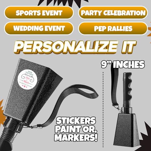 9" Metal Cowbells with Handle - Cow Bells Loud Cheering Noise Makers for Sporting Events, Football Games, School Spirit, Rallies & Celebrations - Black or Copper Percussion Music Instrument