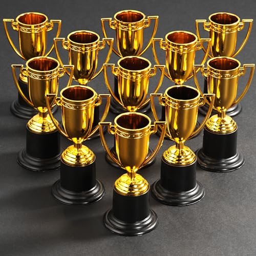 Bedwina Gold Award Trophy Cups - Pack of 12 Bulk - Plastic Gold Trophies for Party Favors, Props, Rewards, Winning Prizes, Competitions for Kids and Adults