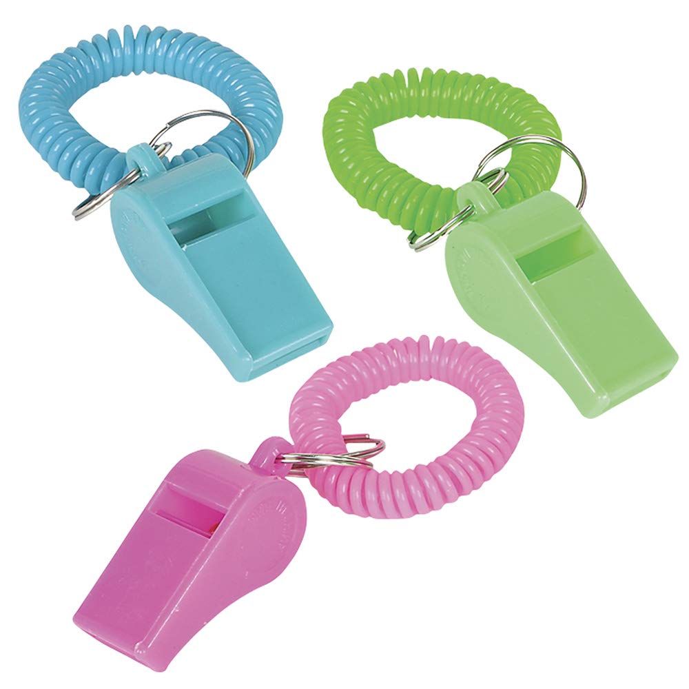 Bedwina Whistle for Kids with Bracelet - (Pack of 24) Bulk Whistles and Stretchable Coil Wrist Keychain Bracelets in Assorted Colors for Goodie Bag Fillers and Birthday Party Favors Multicolored