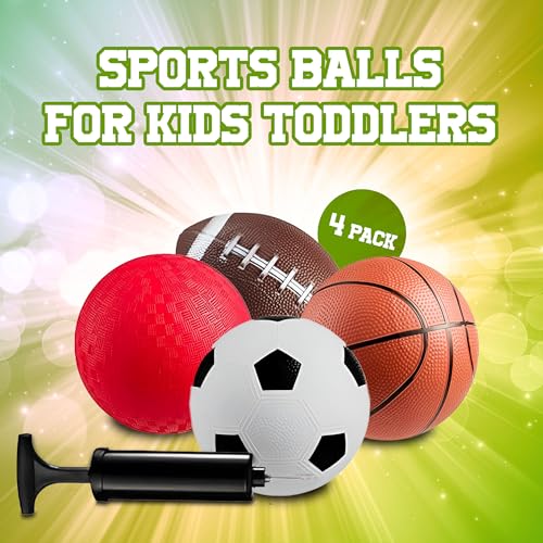 Bedwina Sports Balls for Kids & Toddlers - 5-inch Sports Balls Set Includes Football, Small Soccer Ball, Basketball, and Playground Balls, Fun Indoors & Outdoor Toys (Hand Pump Included)