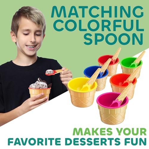 JoyServe Ice Cream Bowls and Spoons Set - Reusable Plastic Ice Cream Cups and Waffle Cone Shaped Spoons for Dessert Ice Cream Sundaes, Frozen Yogurt, Gelato, Birthday Party Decorations