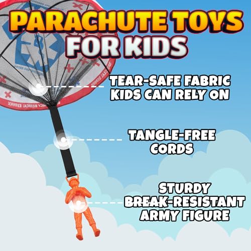 Parachute Men Toys for Kids - (Pack of 4) Police, Army, Firefighter & EMT Figures w/ Tangle-Free Parachutes - Outdoor Flying Toys for Kids, Party Favors, Birthday Gifts for Boys & Girls Ages 3+