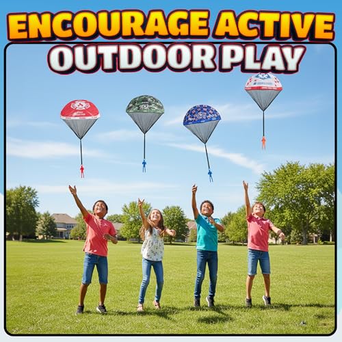 Parachute Men Toys for Kids - (Pack of 4) Police, Army, Firefighter & EMT Figures w/ Tangle-Free Parachutes - Outdoor Flying Toys for Kids, Party Favors, Birthday Gifts for Boys & Girls Ages 3+