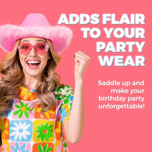Pink Cowgirl Hat w/Feather Boa - Cowboy Hat for Women, Teenage Girls w/Fluffy Feather Brim for Bachelorette