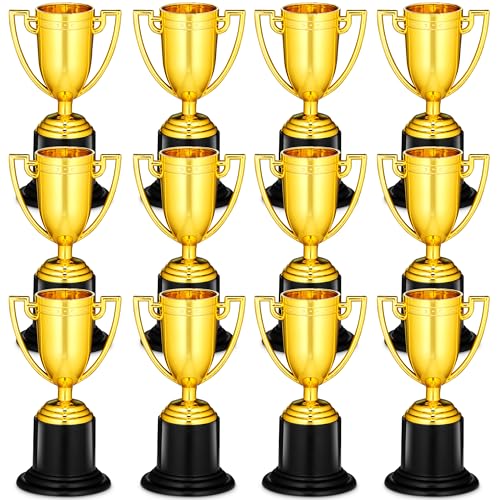 Bedwina Gold Award Trophy Cups - Pack of 12 Bulk - Plastic Gold Trophies for Party Favors, Props, Rewards, Winning Prizes, Competitions for Kids and Adults