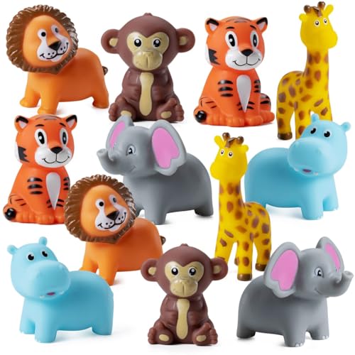Mini Zoo Animals Bath Toys - Vinyl Rubber Jungle Safari Animal Figures, Squeezable Bath Tub Toys for Kids, Baby Shower, Birthday Party Supplies, Favors, Cake Decor, Table Decorations
