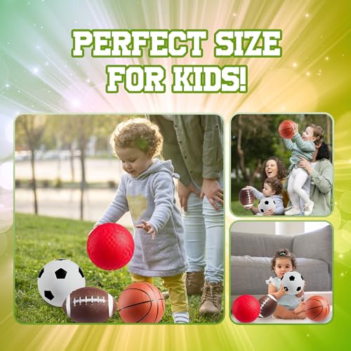 Bedwina Sports Balls for Kids & Toddlers - 5-inch Sports Balls Set Includes Football, Small Soccer Ball, Basketball, and Playground Balls, Fun Indoors & Outdoor Toys (Hand Pump Included)