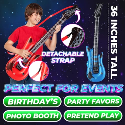 Bedwina Inflatable Guitars for Kids - 36-inch Neon Blow Up Guitar Instruments, Party Favors, Giveaways, DJ-Props, Photo-Booth, Birthdays, Rock Star, Rock and Roll Party Decorations