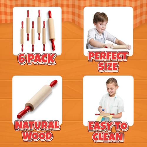 Mini Rolling Pin 7.5 Inch Kids Rolling Pin - (Pack of 6) Set for Play Dough Accessories Small Rolling Pin For Dough - Wood Kids Rolling Pins with Handles for Foods, Accessories