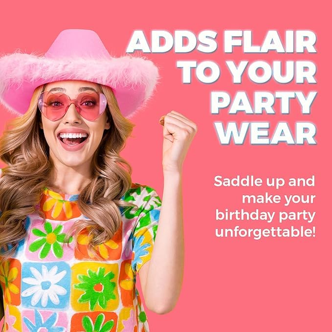 Pink Cowgirl Hat w/Feather Boa - Cowboy Hat for Women, Teenage Girls w/Fluffy Feather Brim for Bachelorette