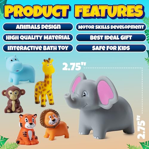 Mini Zoo Animals Bath Toys - Vinyl Rubber Jungle Safari Animal Figures, Squeezable Bath Tub Toys for Kids, Baby Shower, Birthday Party Supplies, Favors, Cake Decor, Table Decorations