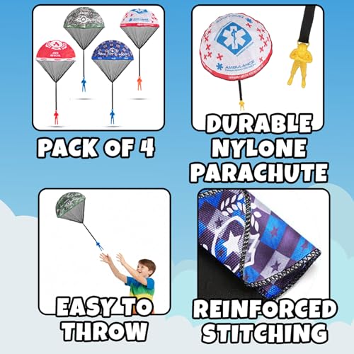 Parachute Men Toys for Kids - (Pack of 4) Police, Army, Firefighter & EMT Figures w/ Tangle-Free Parachutes - Outdoor Flying Toys for Kids, Party Favors, Birthday Gifts for Boys & Girls Ages 3+