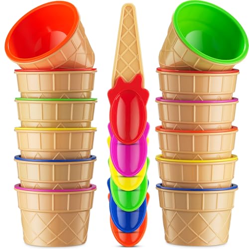JoyServe Ice Cream Bowls and Spoons Set - Reusable Plastic Ice Cream Cups and Waffle Cone Shaped Spoons for Dessert Ice Cream Sundaes, Frozen Yogurt, Gelato, Birthday Party Decorations