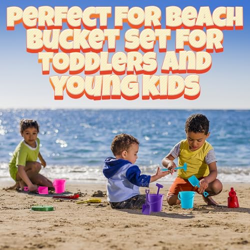 Mini 4.5-Inch Beach Buckets for Kids - Sand Buckets and Shovels w/Rakes & Mesh Bags - Small Beach Pails - Sturdy Unbreakable Plastic - Beach Party Favors & Giveaways for Toddlers Ages 3-6
