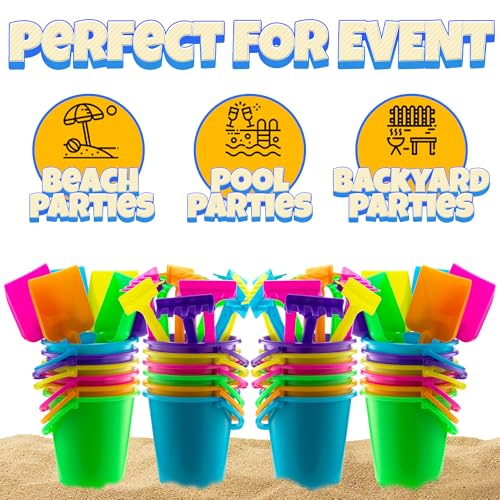 Mini 4.5-Inch Beach Buckets for Kids - Sand Buckets and Shovels w/Rakes & Mesh Bags - Small Beach Pails - Sturdy Unbreakable Plastic - Beach Party Favors & Giveaways for Toddlers Ages 3-6