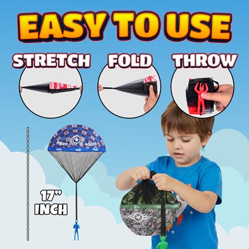 Parachute Men Toys for Kids - (Pack of 4) Police, Army, Firefighter & EMT Figures w/ Tangle-Free Parachutes - Outdoor Flying Toys for Kids, Party Favors, Birthday Gifts for Boys & Girls Ages 3+
