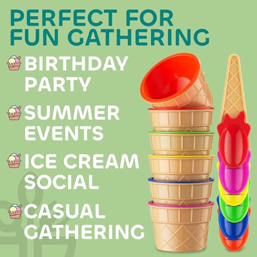 JoyServe Ice Cream Bowls and Spoons Set - Reusable Plastic Ice Cream Cups and Waffle Cone Shaped Spoons for Dessert Ice Cream Sundaes, Frozen Yogurt, Gelato, Birthday Party Decorations