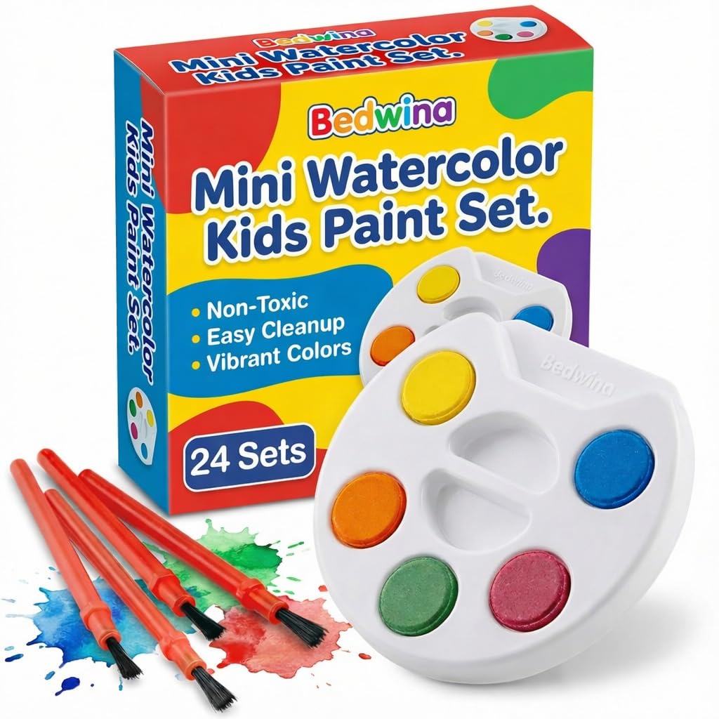 Bedwina Mini Watercolor Kids Paint Set - (Bulk Pack of 24) - 5 Watercolor Paints, Palette Tray and Painting Brush, for Art Party Favors and Paint Party Supplies
