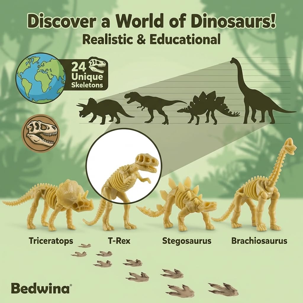 Bedwina Dinosaur Fossil Skeleton - (Pack of 24) 3.7 Inch Assorted Plastic Dino Figure Bones for Kids Science Dig Kit, Digging Sandbox Bins Play Toys, Party Favors, Birthday Decorations