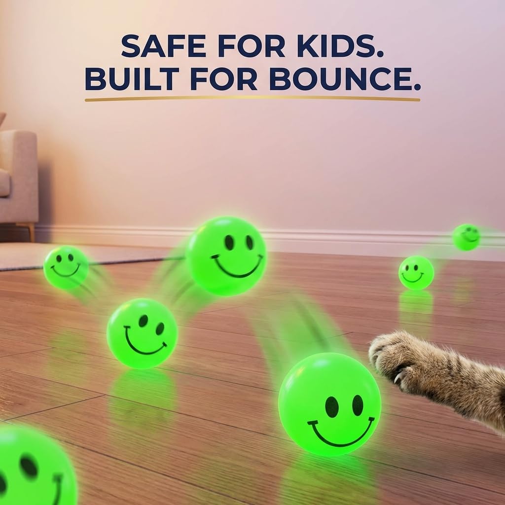 Bedwina 144 Pcs Bulk Bouncy Balls Glow in The Dark - (1inch / 27mm) Diameter, High Bouncing, Small Rubber Smile Face Bouncing Balls for Kids, Vending Machines, Valentine's Day Goodie Bag, Party Favor