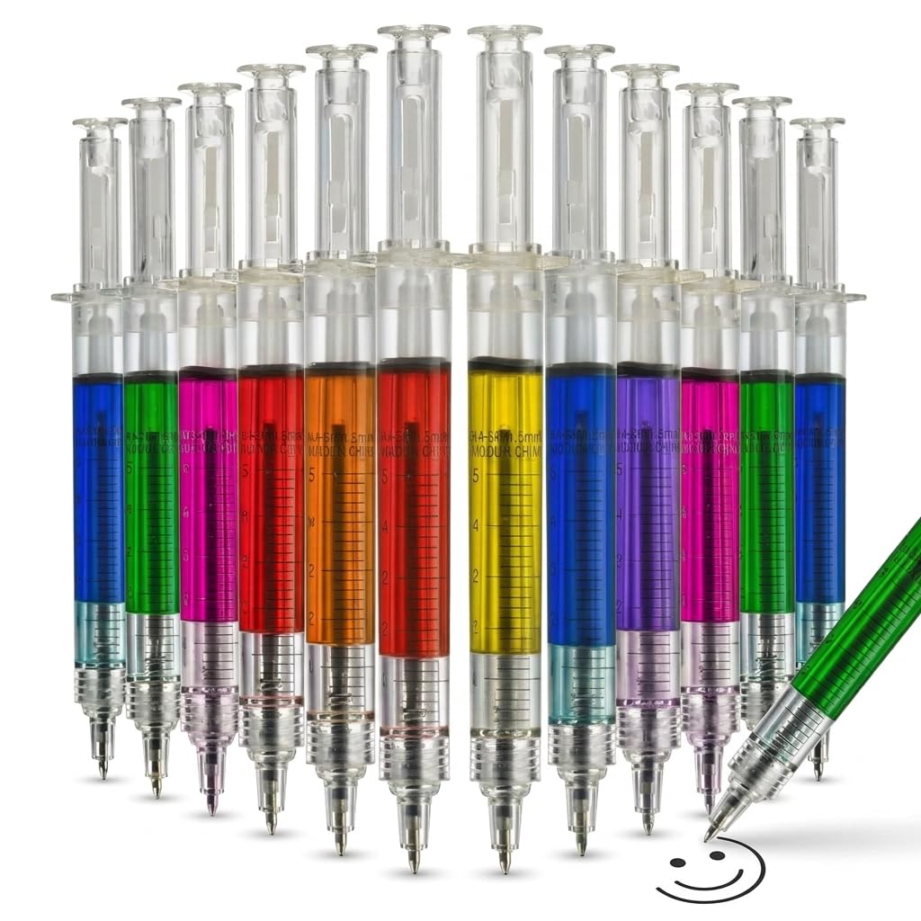 Bedwina Syringe Pens - (Bulk Pack of 24) Retractable Fun Multi Color Novelty Pen for Nurses, Nursing Student School Supplies, Birthdays, Stocking Stuffers and Toy Party Favor Gifts
