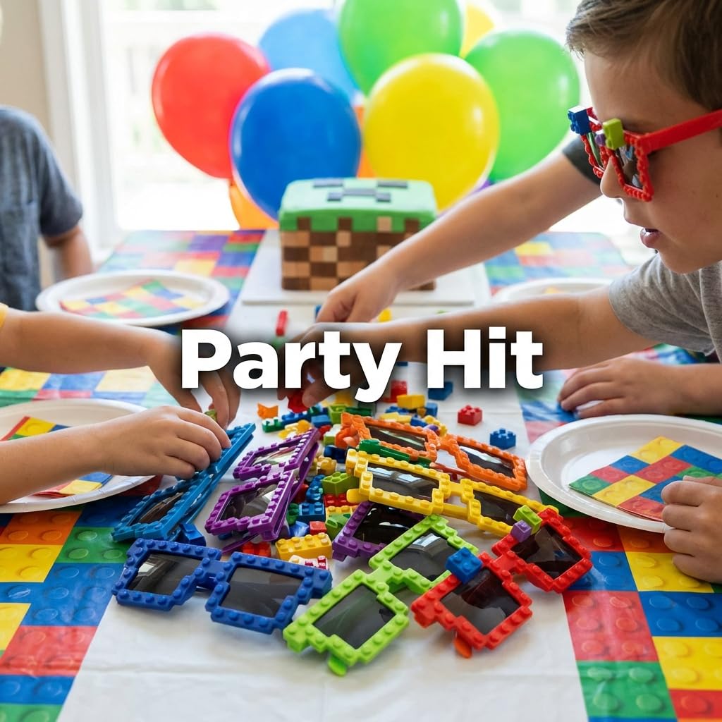 Bedwina Building Blocks Glasses - Pack of 6 - Block Mania Building Block Glasses with Extra Bricks for Carnival Supplies, Stocking Stuffers and Birthday Party Favors for Kids
