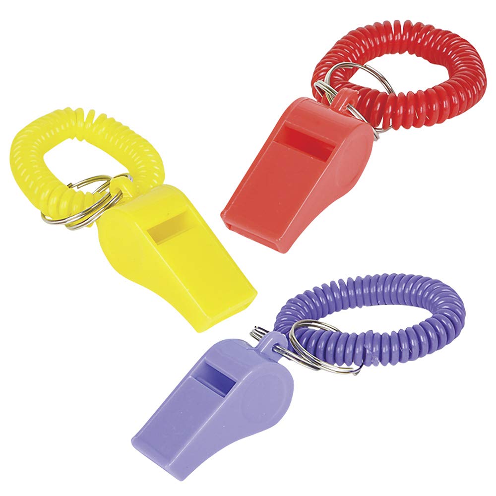 Bedwina Whistle for Kids with Bracelet - (Pack of 24) Bulk Whistles and Stretchable Coil Wrist Keychain Bracelets in Assorted Colors for Goodie Bag Fillers and Birthday Party Favors Multicolored